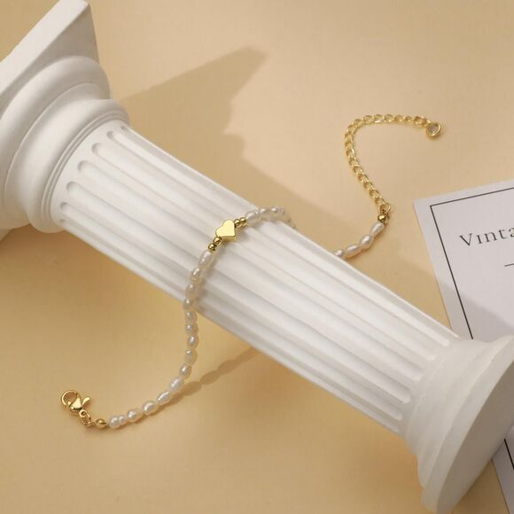 Freshwater Pearl Bracelet Beaded with Stainless Steel Heart Charm Pearl Bracelet - Picture 6 of 6